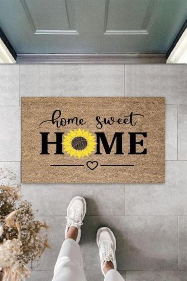 Büro Ev Ofis Yazlık Kapı Önü için Bej Home Sweet Home Papatyalı Paspas - Image 1
