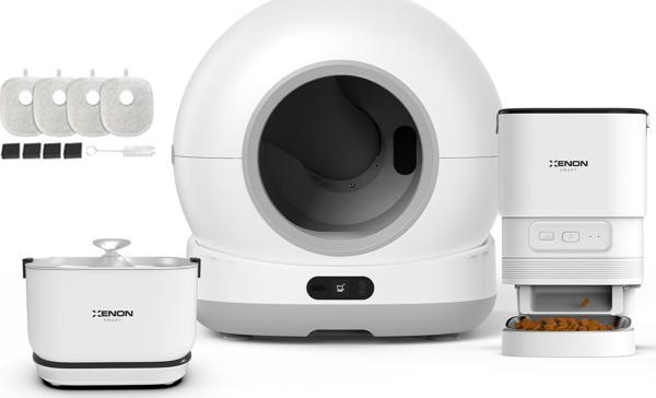 Xenon Smart Akıllı Otomatik Kameralı Kedi Tuvaleti Paslanmaz Çelik Kaseli Mama Kabı Bataryalı Su Pınarı ve Filtre 4'lü Pet Seti - Image 1