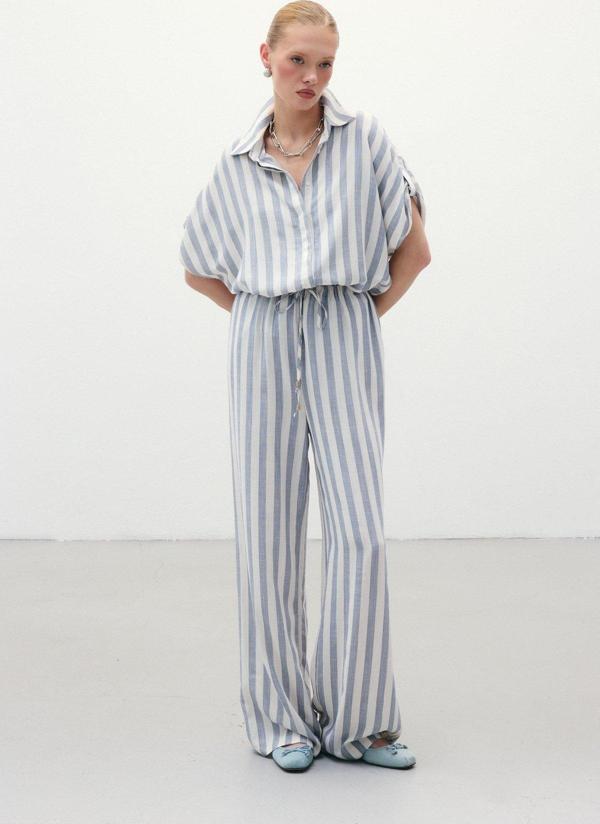 Çizgili Keten Karışımlı Pantolon - Lacivert - Image 1