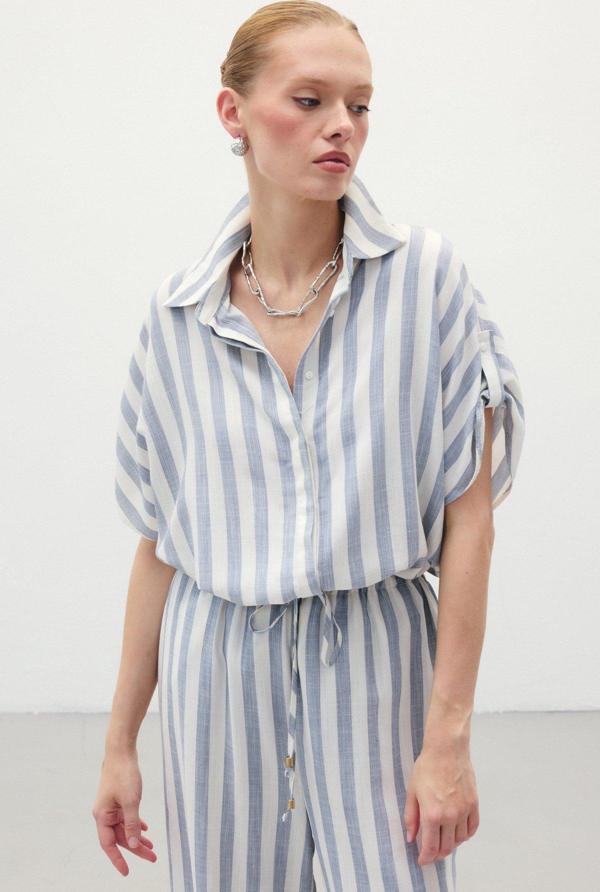 Çizgili Kısa Kol Gömlek - Lacivert - Image 1