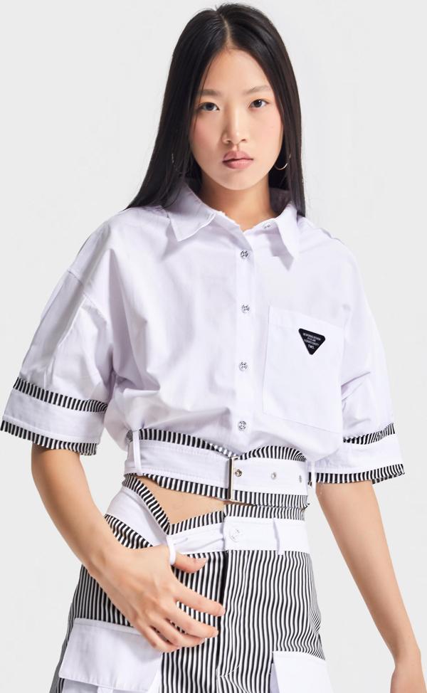 Kadın Beyaz Renk Oversize Kemer Detaylı Önü Düğmeli Crop Top Kumaş Gömlek - Image 1