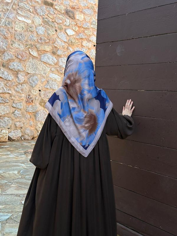 Pamuklu Flora Desen Eşarp-İndigo - Image 1
