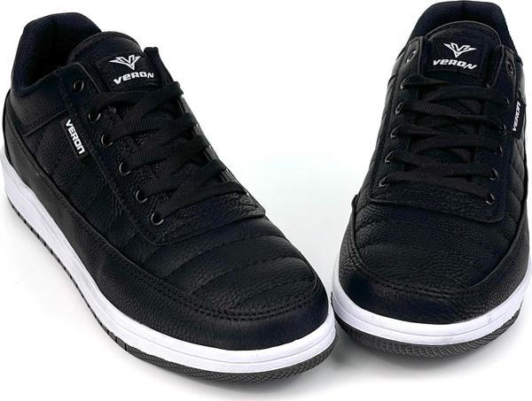 Erkek Siyah Beyaz Bağcıklı Rahat Günlük Sneaker Cilt Spor Ayakkabı - Image 1