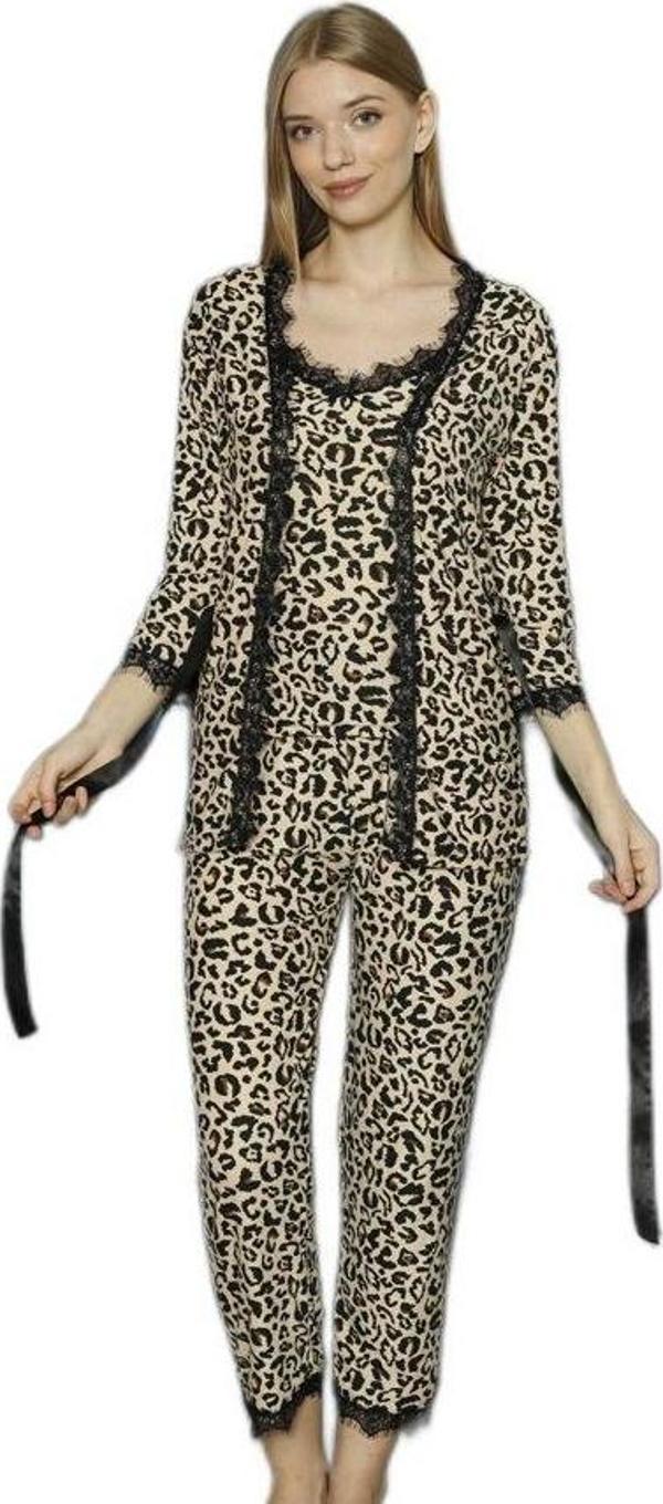 Leopar Şıklığıyla 3’lü Set Pamuklu Kadın Pijama Takımı  - Image 1