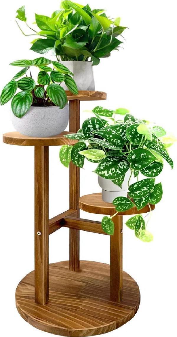 Çiçeklik 3 Raflı Saksılık Dekoratif 3 Raflı Çiçeklik Doğal Ahşap Saksılık Çiçek Rafı Daire Model - Image 1
