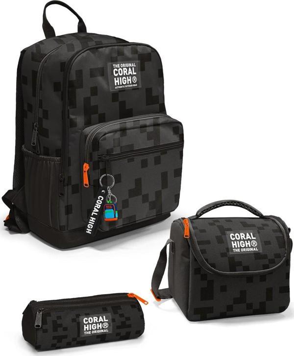 Coral High Siyah Blok Desenli 3’lü Okul Çanta Seti SET0123694 - Image 1
