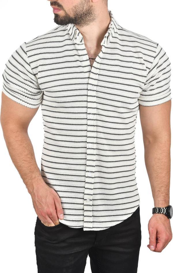 DeepSEA Erkek Beyaz Slim Fit Örme Kumaş Gömlek Likralı Dar Kesim Kısa Kol Örme Triko Gömlek 2501208 - Image 1