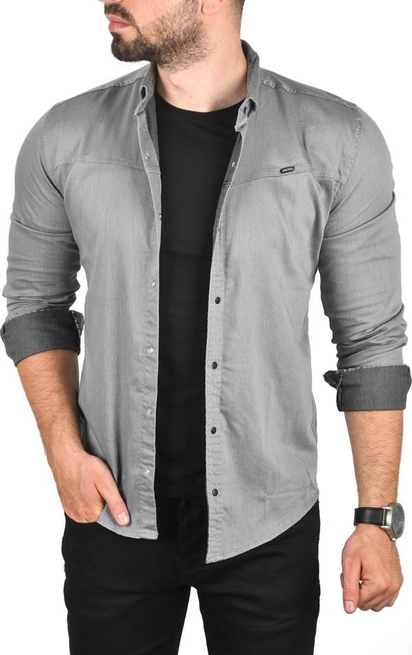 DeepSEA Erkek Gri Slim Fit Pamuklu Kot Gömlek Kolay Ütülenebilir Çıt Çıtlı Likralı Spor Gömlek 2502504 - Image 1