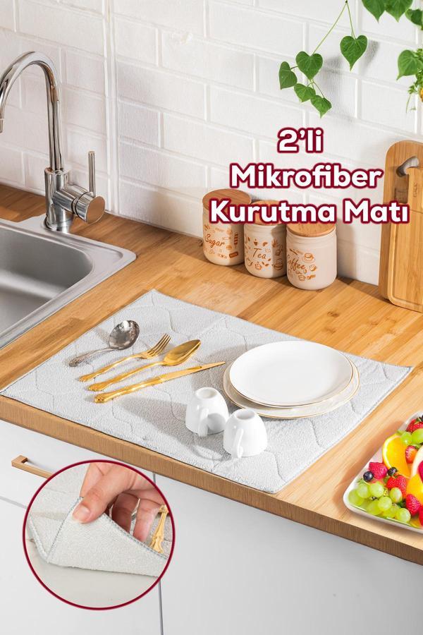 Porsima 3139 2li Mikrofiber Tezgah Üstü Kurutma Matı Kurulama Bezi Süper Emici Bulaşıklık Gri - Image 1