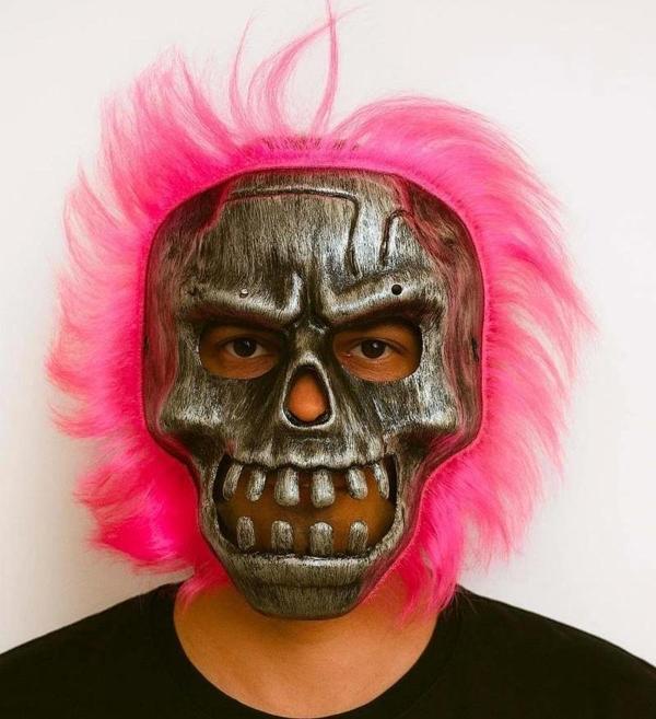 Nessiworld Wild Skull - Gümüş Kafatası Pembe Saçlı İskelet Maske - Image 1