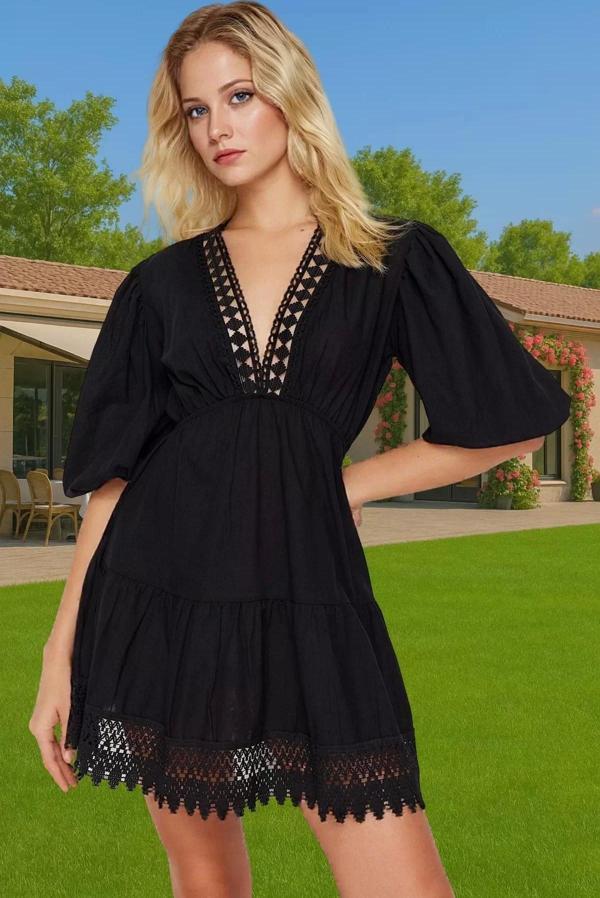 Pamuklu Vual Mini Elbise Dantel Detaylı Balon Kol Yazlık Plaj Şık Görünüm Özel Tasarım - Image 1