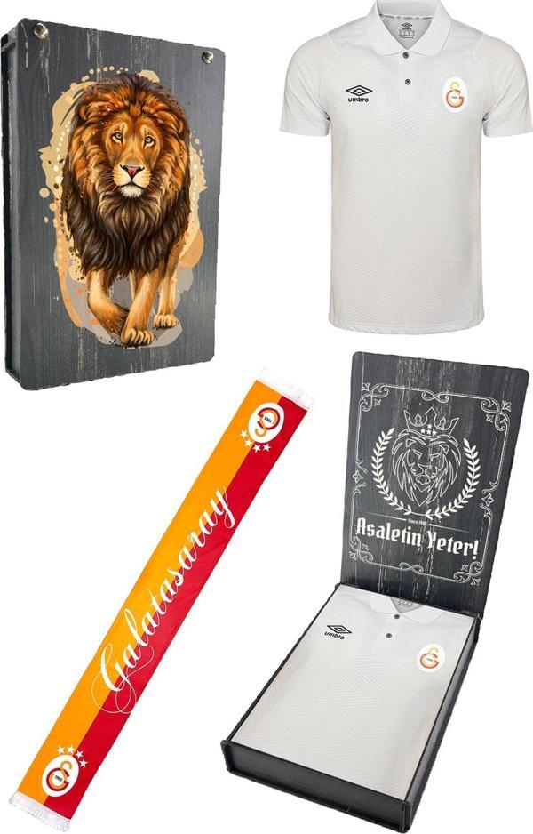 Galatasaray Orijinal Lisanslı Polo Yaka Beyaz T-Shirt + Şal Kaşkol Gs Hediyelik Ahşap Ku - Image 1