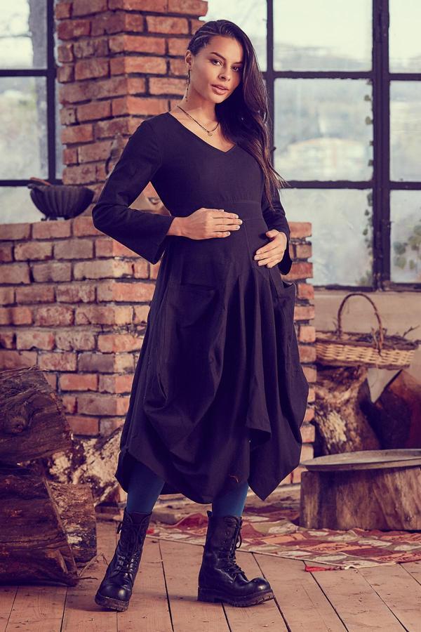 V Yaka Balon Etekli Hamile Elbise - Image 1