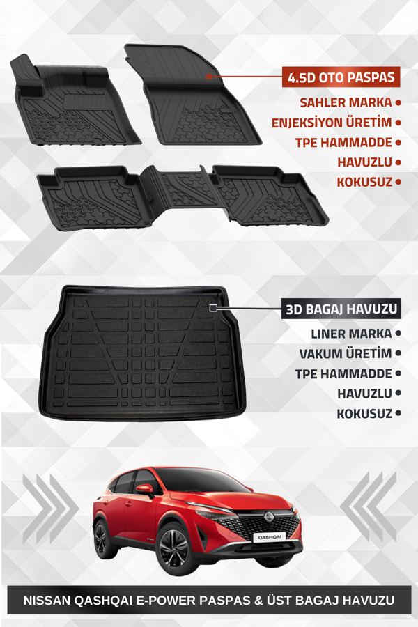 Sahler Qashqai E-Power 2022 + Uyumlu 4.5D Premium Havuzlu Oto Paspas ve Liner Marka 3D UST Bagaj Havuzu - Image 1