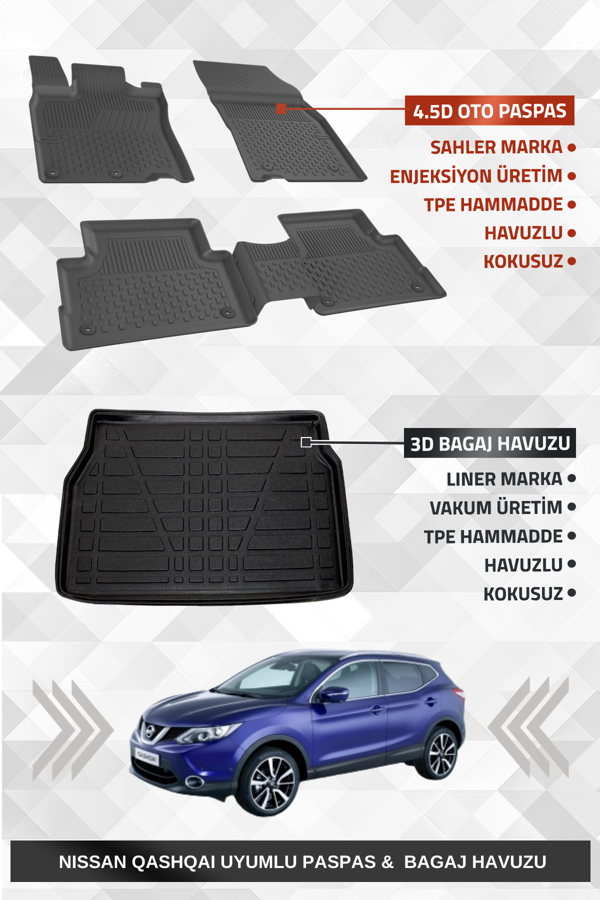 Sahler Nıssan Qashqai Visia 2014-2021 Uyumlu 4.5D Premium Havuzlu Oto Paspas ve Liner Marka 3D Bagaj Havuzu - Image 1
