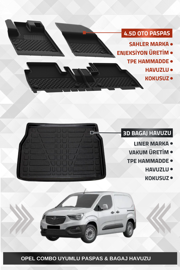 Sahler Opel Combo E 2019+ Uyumlu 4.5D Premium Havuzlu Oto Paspas ve Liner Marka 3D Bagaj Havuzu - Image 1