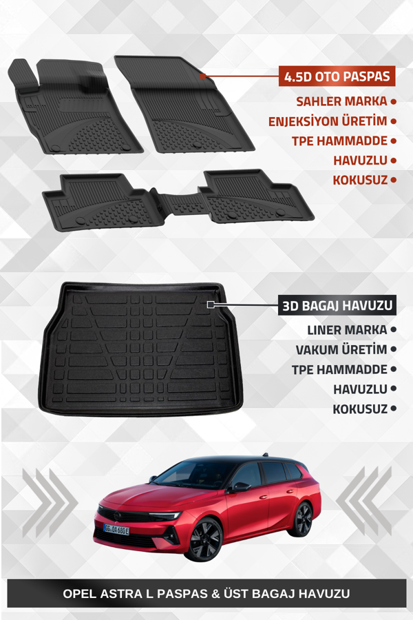 Sahler Opel Astra L 2022+ Uyumlu 4.5D Premium Havuzlu Oto Paspas ve Liner Marka 3D ÜST Bagaj Havuzu - Image 1