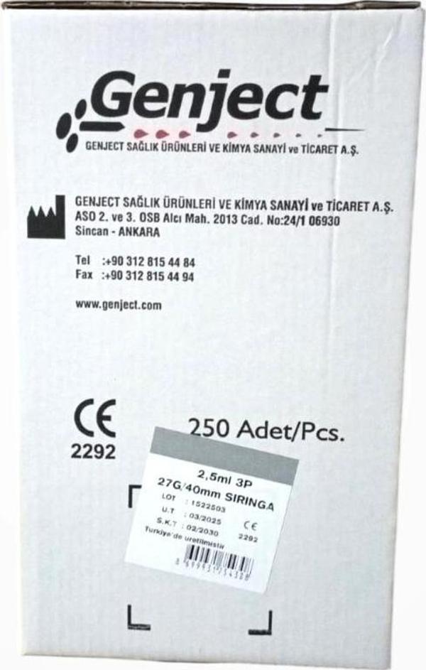 Genject Dental Luer Lock (Kilitli) Enjektör 2ml Kısa Uç 0.40x40mm 27G - 250'li Kutu - Image 1
