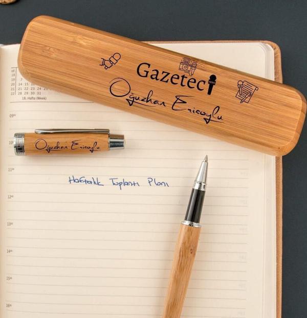 Gazetecilere Özel Bambu Kutulu Kalem Seti - Image 1