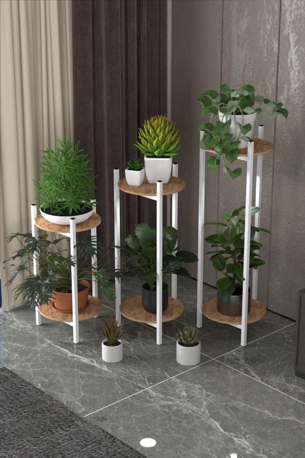 Retodesign 3 Lü Metal Yuvarlak Beyaz Çiçeklik Seti . Saksılık . 1490 - Image 1