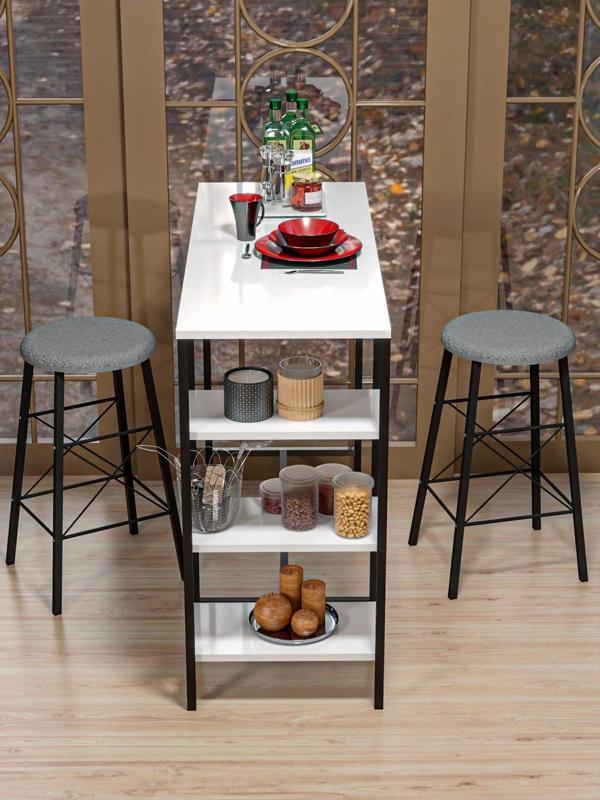 Retodesign Beyaz Raflı Yuvarlak Tabureli Bar Takımı 4651A - Image 1