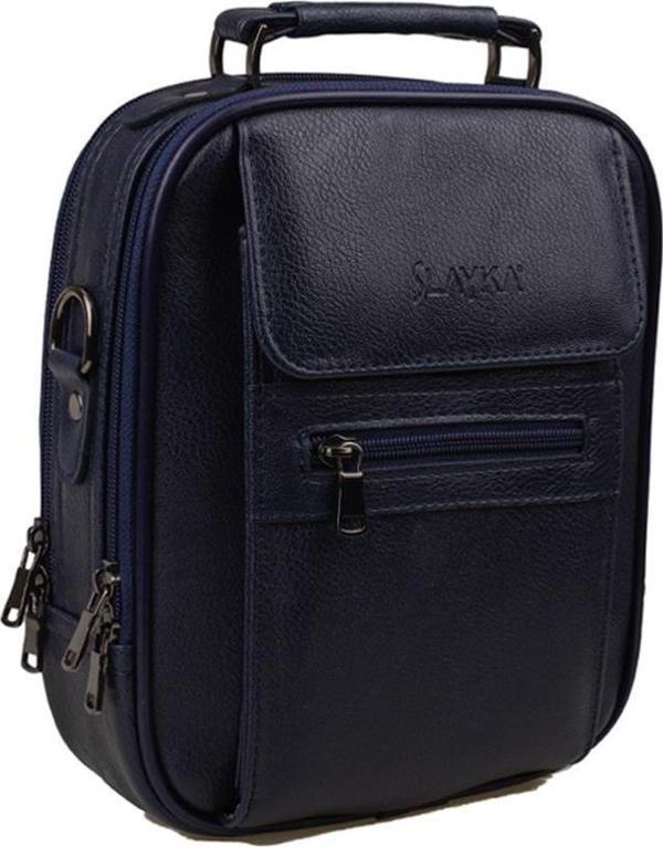 Slayka Lacivert Büyük Boy Hakiki Deri Erkek El ve Omuz Çantası - Image 1