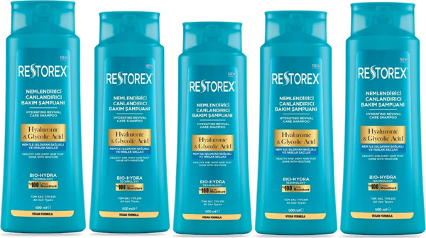 Restorex Hydra Nemlendirici Canlandırıcı Bakım Şampuanı 5x500 Ml - Hyaluronik Asit, Glikoik Asit - Image 1