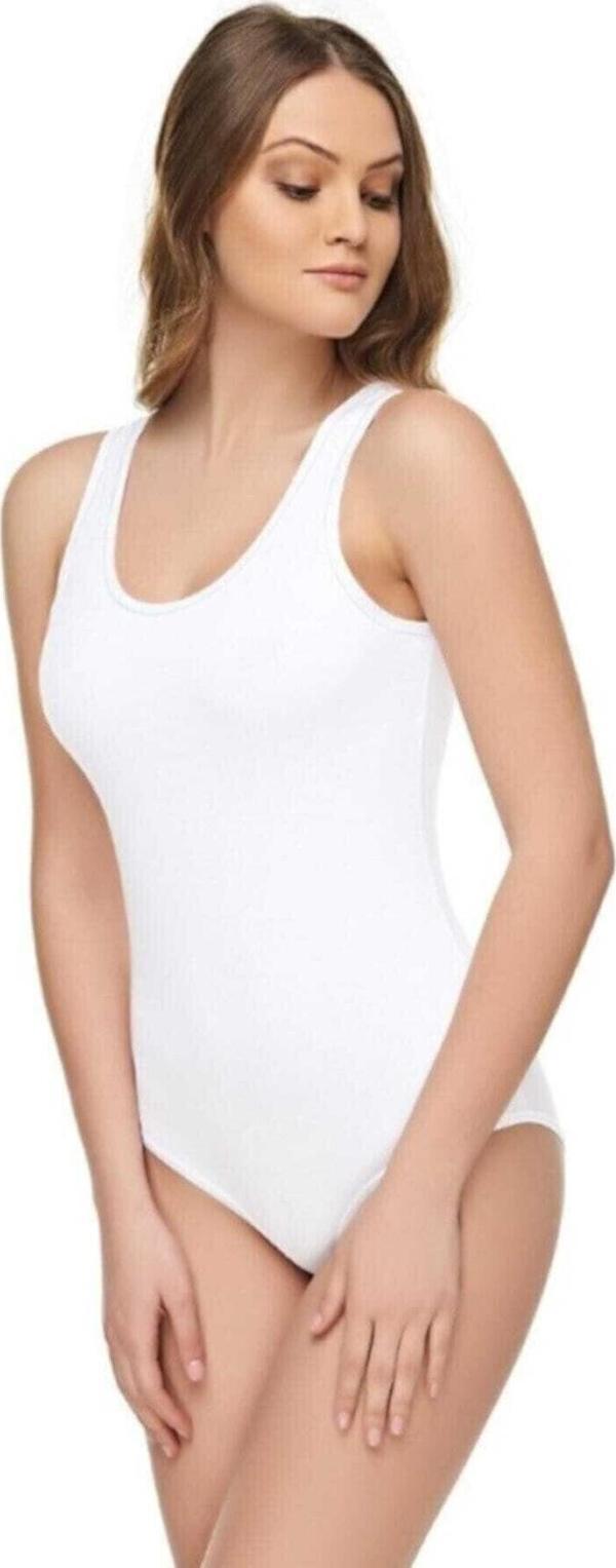 Tutku Kadın Beyaz Elastan Pamuklu Likralı Geniş Askılı Body - Image 1