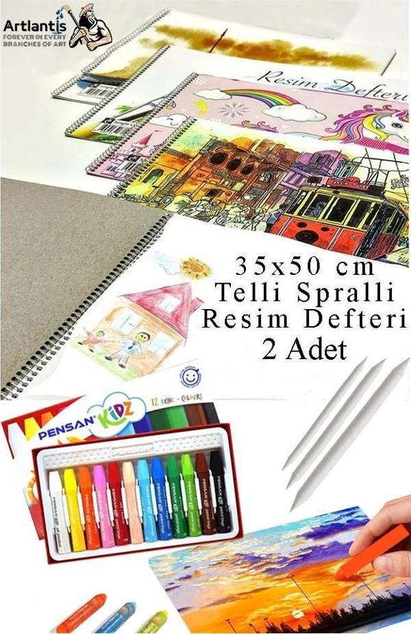 12 Renk Pensan Pastel Boya 35x50 cm Telli Spralli Resim Defteri Pastel Dağıtma Kalemi 15 Yaprak Resim Defteri Yağlı - Image 1