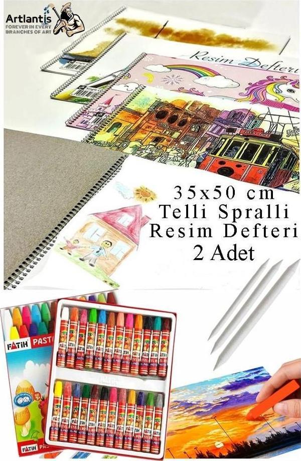 24 Renk Fatih Pastel Boya 35x50 cm Telli Spralli Resim Defteri Pastel Dağıtma Kalemi 15 Yaprak Resim Defteri Yağlı - Image 1