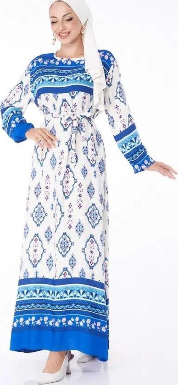 Düz Bisiklet Yaka Kadın Mavi Etnik Desenli Elbise - Image 1