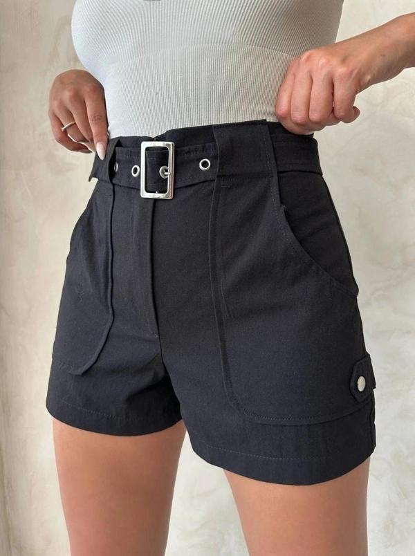 Kemer detaylı gabardin şort siyah s25289 - Image 1