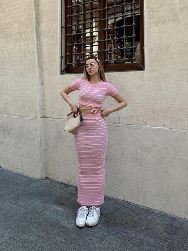 Çizgili etekli takım pembe s3609 - Image 1