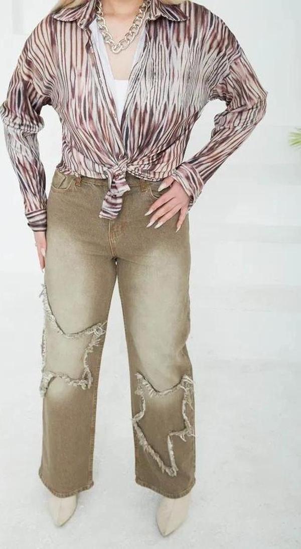 Kadın Yüksel Bel Püskül Detaylı Palazzo Jean Kot Pantolon - Image 1