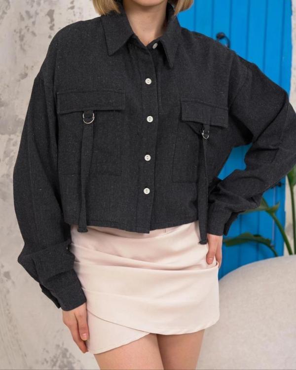 Kemer cepli keten crop gömlek siyah s255350 - Image 1