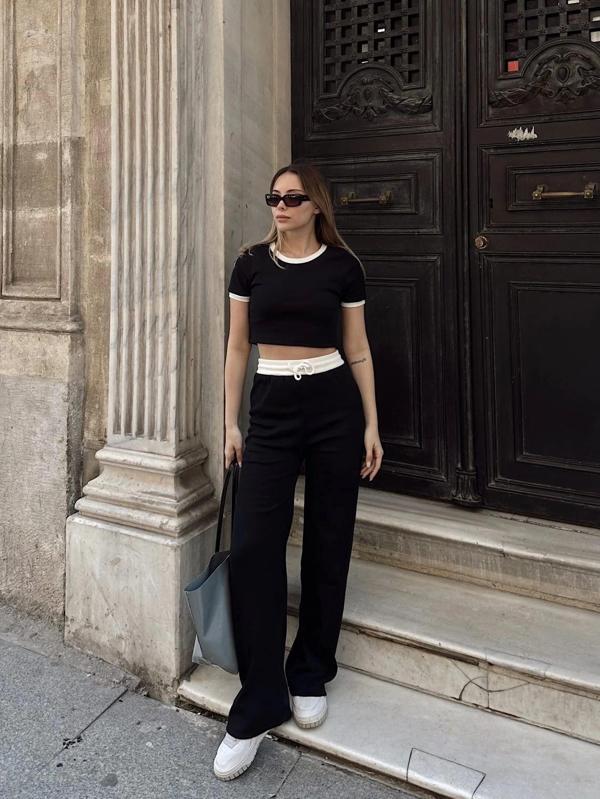 Crop pantolon biyeli takım siyah - Image 1