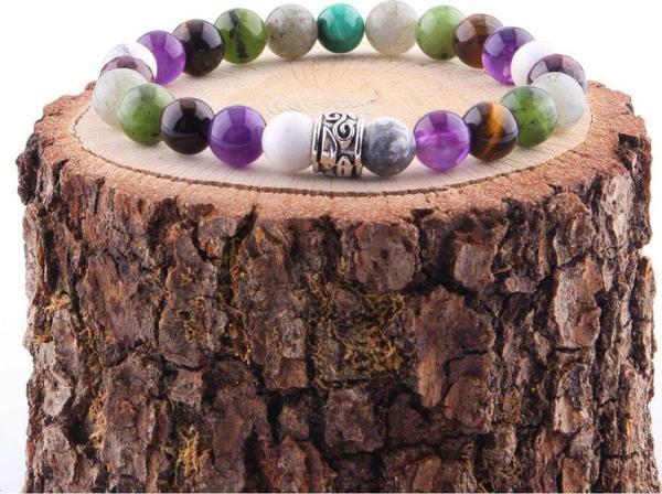 Mavera Doğaltaş Özel Tasarım 8 Mm Bileklik Havlit Ametist Kaplan Gözü -Yeşim Labrodorit -Lal - Image 1