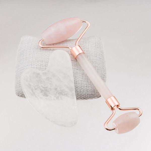 Taşta Moda Pembe Ve Kristal Kuvars Taşı Yüz Masaj Aleti Seti-Roller Ve Gua Sha - Image 1