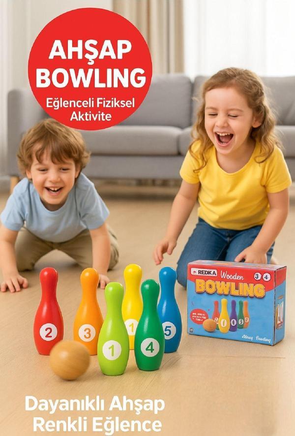 Çocuklar İçin Ahşap Bowling Seti ve Eğitici Ürün El Becersini Geliştirir Motor Beceri Katkı Sağlar - Image 1