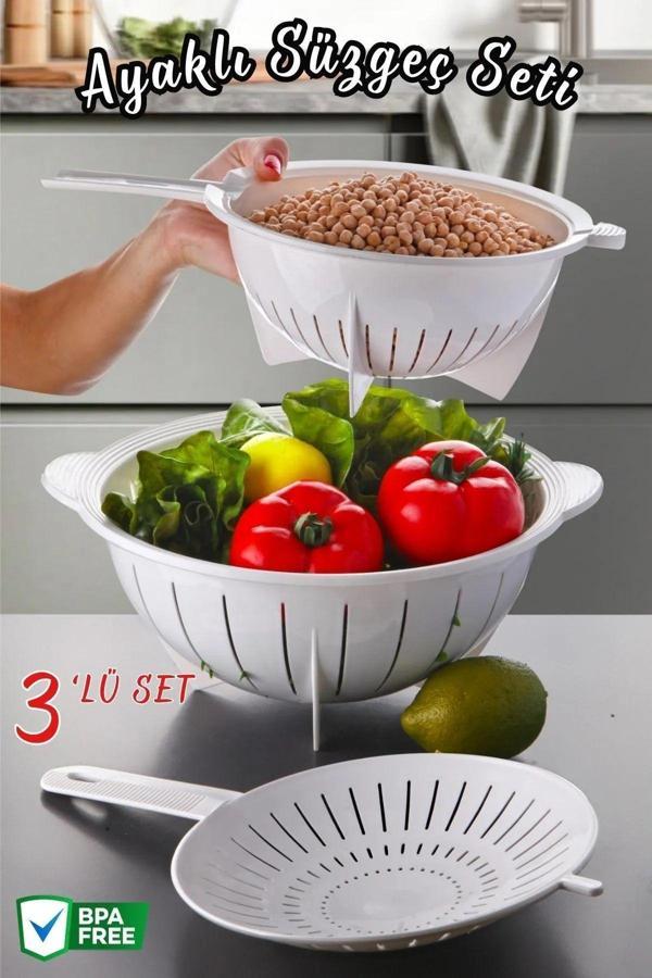 3 Parça Mutfak Süzgeç Seti - Çeyiz Seti BEYAZ - Image 1