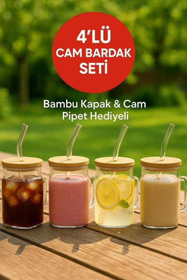 4 Adet GLASSMATE – Isıya Dayanıklı Bambu Kapaklı Bardak 650 ML - Image 1