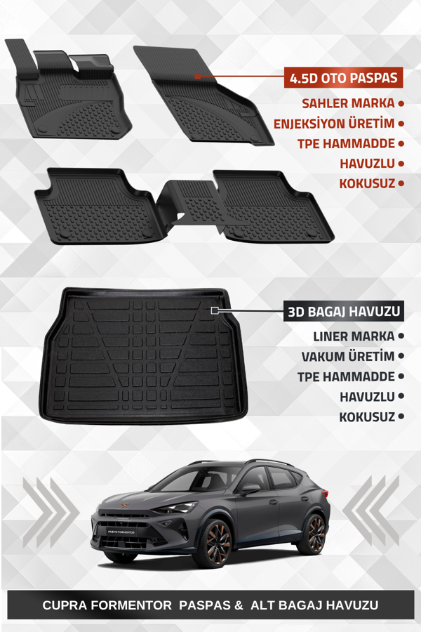 Sahler Cupra Formentor Mild Hybrid 2024+ Uyumlu 4.5D Premium Havuzlu Oto Paspas ve Liner Marka 3D ALT Bagaj Havuzu - Image 1