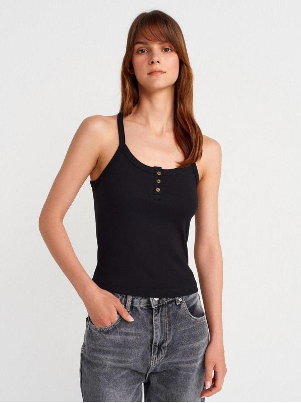 Dilvin Kadın Basic Düğme Detaylı Askılı Siyah Atlet - 21106 - Image 1