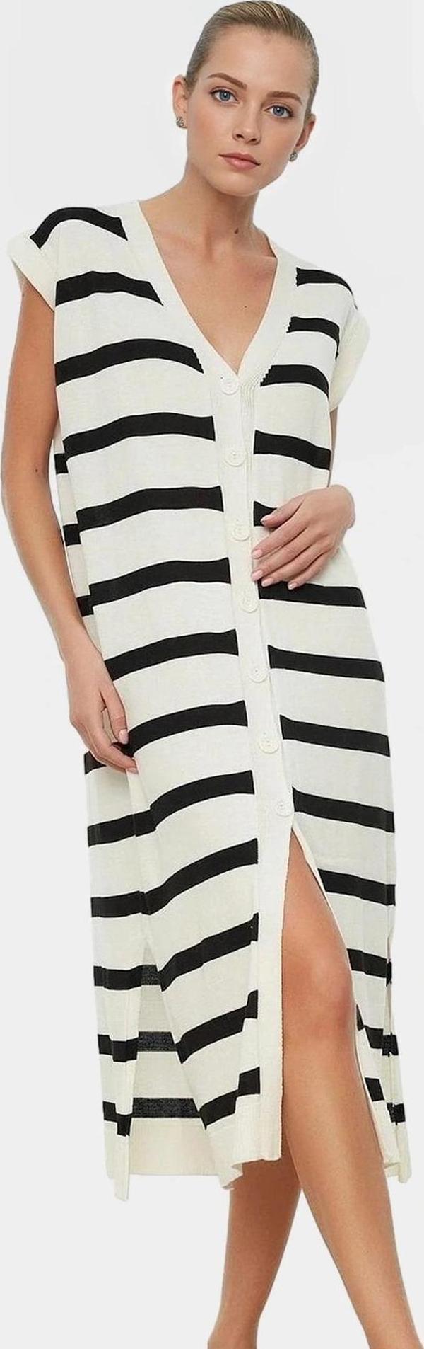 Şık Çizgili Triko Midi Elbise V Yaka Shift Kalıp Yazlık Trend Tasarım Rahat Ve - Image 1