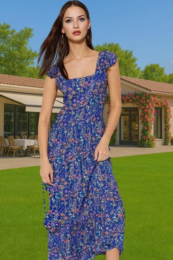 Çiçek Desenli A Kesim Midi Viskoz Elbise Büzgülü Kolsuz Yazlık Dayanıklı Malzeme Profesyonel Görünüm - Image 1