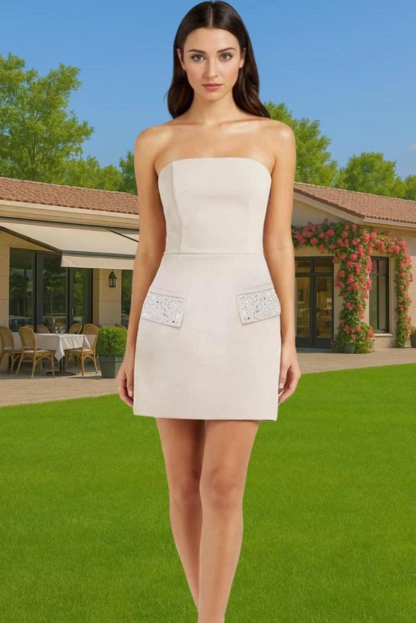 Straplez Mini Abiye Elbise Polyester Dokuma Finike Kesim Mezuniyet Şık Görünüm Özel Tasarım - Image 1