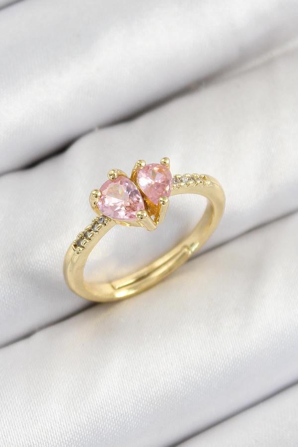 Pirinç Zirkon Taşlı Pembe Kalp Model Gold Renk Kadın Yüzük - Image 1