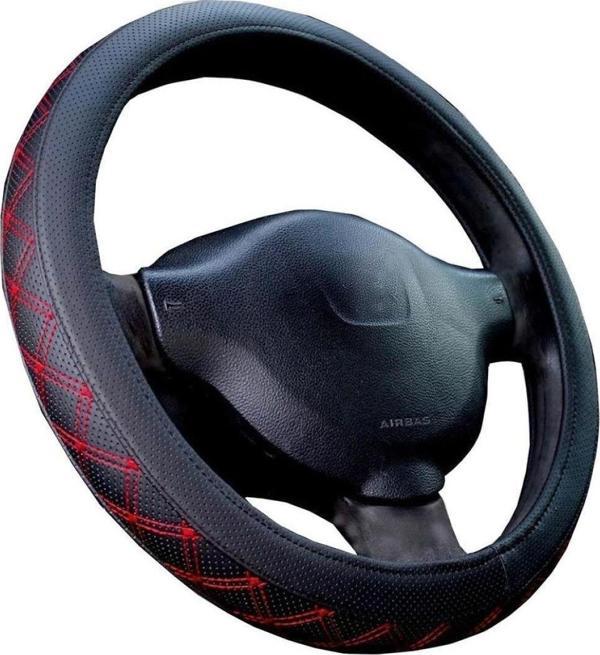 Direksiyon Kılıfı Siyah 38 Cm Geçmeli Binek Araçlara Kırmızı Nakışlı - Image 1