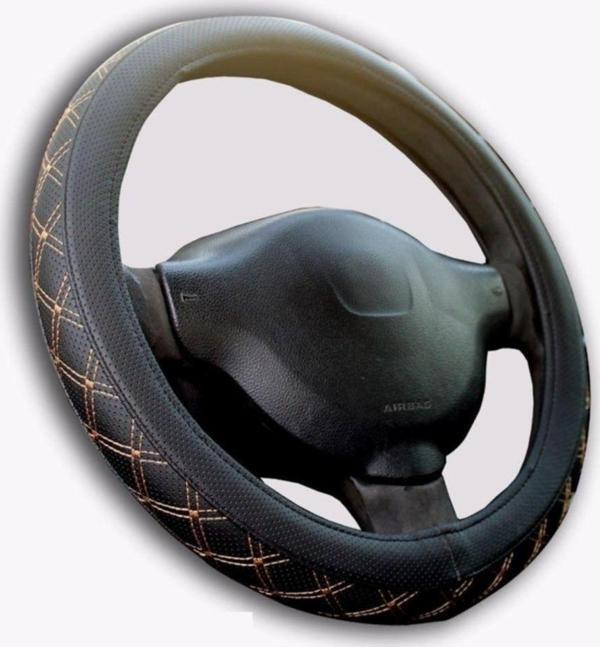 Direksiyon Kılıfı 38 Cm Geçmeli Siyah Binek Araçlara Bej Nakışlı - Image 1