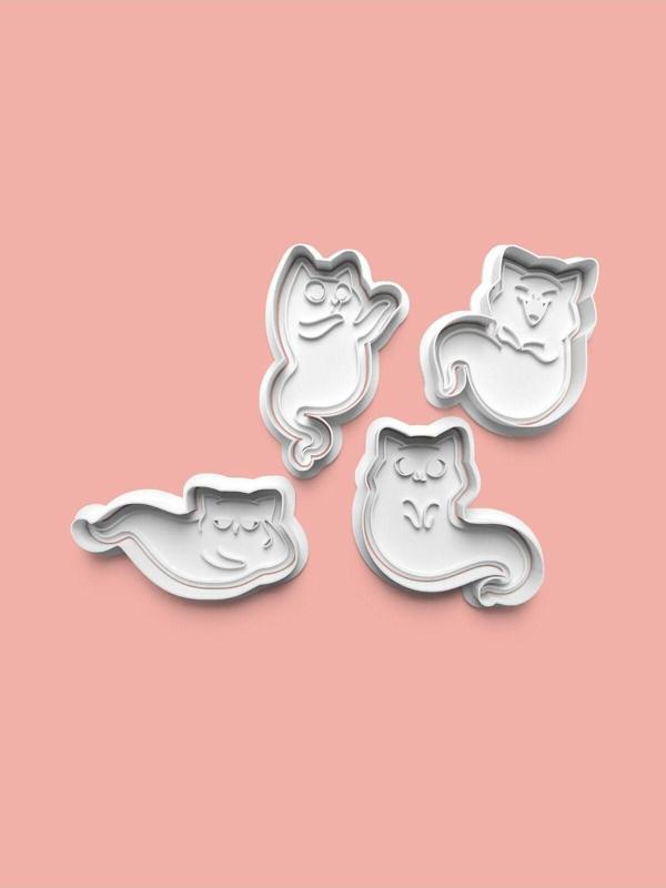 Aktastore Sevimli Hayalet Kedi Figürü Kurabiye Kalıbı Ve Şeker Hamuru Kalıbı 4'Lü Set - Image 1